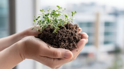Hands holding small plant with soil environmental growth concept