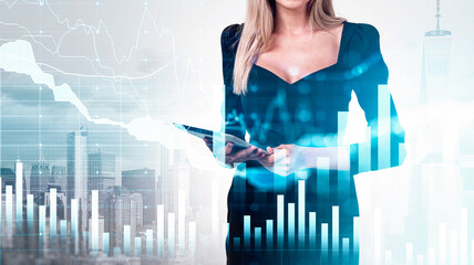 Confident woman holding tablet with financial bar charts and digital lines overlay on city background, concept of modern business strategy and analytics