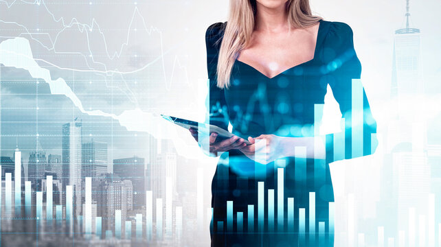 Confident woman holding tablet with financial bar charts and digital lines overlay on city background, concept of modern business strategy and analytics