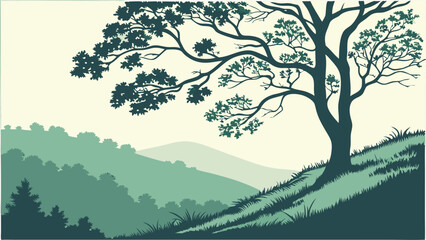 Serene Landscape Illustration Green Hills Tree Silhouette and Grassy Knoll.