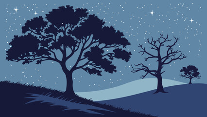 Obraz premium Silhouette Landscape at Night with Trees and Stars.