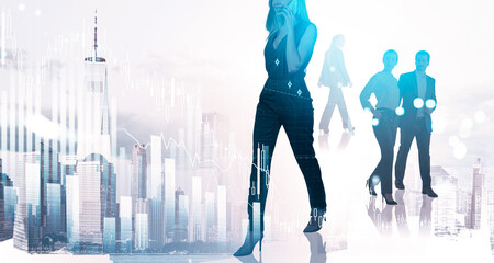 Business professionals silhouettes over modern city skyline with abstract stock chart overlay on bright background. Concept of finance and communication
