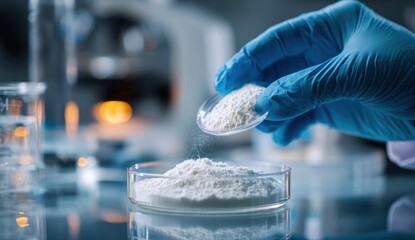 Scientist wearing blue gloves handling powder sample in laboratory setting