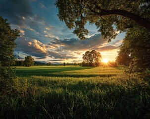 Scenic rural landscape at sunset with lush green fields and large trees