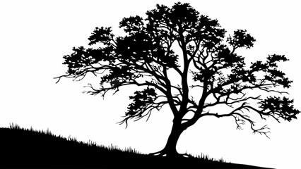 Silhouette of a tree on a grassy hill black and white vector illustration nature graphic design element isolated.