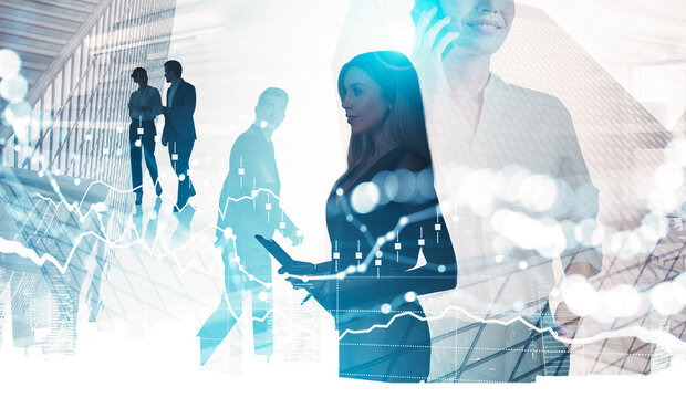 Business people communicating and working with tablets and phones, overlaid with financial graphs, in a bright office background, concept of innovation - Powered by Adobe