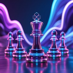 Neon Chess Game Pieces with King and Pawns in Futuristic Style