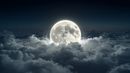 A bright full moon shines above a sea of fluffy, dark clouds in a night sky.