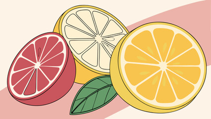 Slices of Citrus Fruits with Leaf Illustration.