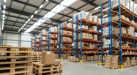 A vast and organized modern warehouse interior, featuring numerous tall shelving units filled with various packaged goods, predominantly in cardboard boxes and protective wrapping, neatly stacked on w
