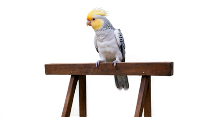 "Beautiful Cockatiel Parrot Collection with Yellow Crest, Studio Portrait and transparent Background, Cute Pet Bird Sitting on Wooden Stool, Exotic Tropical Parakeet Photography Set"
