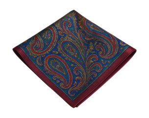 Men's silk pocket square featuring a paisley design in vibrant jewel hues.