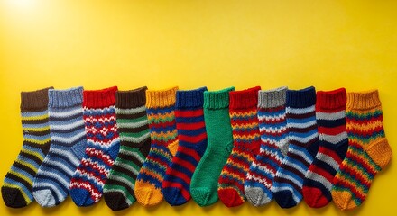 A vibrant array of handcrafted knitted socks, rich in diverse colors and patterns, are neatly arranged in a horizontal line against a cheerful yellow background. The unique designs feature a mix of bo