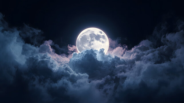 A bright full moon shines through layers of dark, fluffy clouds at night.