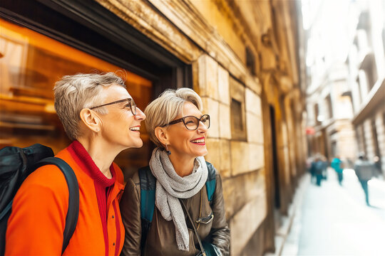 Happy senior couple tourists exploring European city street. Elderly travelers with backpacks smiling while sightseeing urban architecture during vacation.