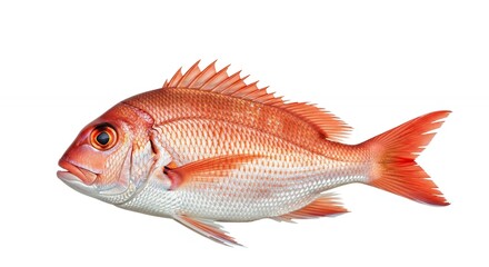 Obraz premium A vibrant, fresh fish specimen with striking red and silvery-white scales is meticulously presented against a crisp, clean white background. This high-quality studio shot captures the intricate detail