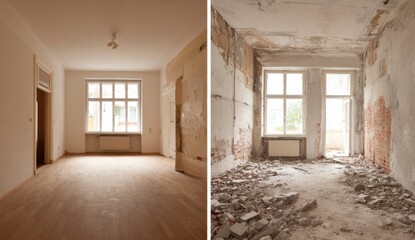 Side by side comparison of a renovated empty room and a dilapidated room with debris on the floor