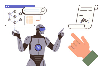 Robot with AI label interacting with data interface, contract, hand pointing at document. Ideal for technology, AI innovation, automation, robotics, digital management, workflow future concepts
