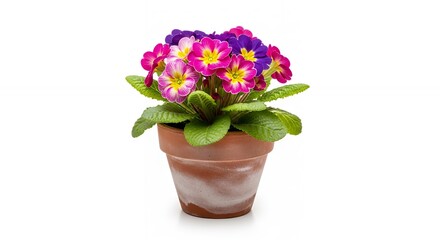 A vibrant potted flowering plant bursts with color, showcasing an abundance of beautiful blossoms in shades of bright pink, cheerful purple, and sunny yellow centers, nestled among lush green foliage.