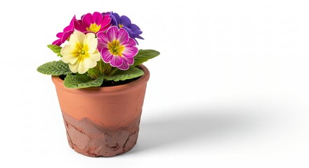 A vibrant potted plant showcases a delightful cluster of brightly colored blossoms, featuring shades of vivid yellow, magenta, and deep purple. The cheerful flowers are set against lush green foliage,