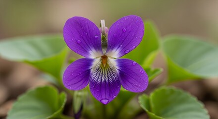 Fototapeta premium A vibrant purple flower, adorned with delicate morning dew drops, stands out in a captivating macro close-up. Each petal showcases its rich hue, contrasting beautifully with the intricate patterns in 