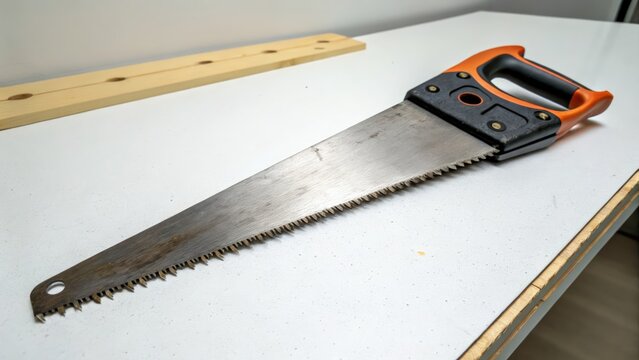 Close up of a handsaw on a workbench with wood background