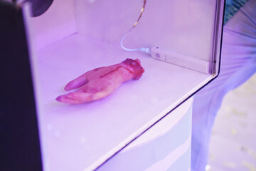 Hand sculpture displayed in glass case at an art exhibition in modern gallery