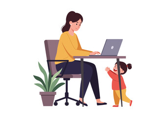 A woman working on a laptop with a child playing at her feet next to a potted plant