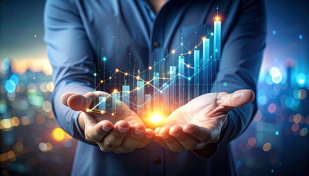 3D line chart hovering above open hands
 - Powered by Adobe