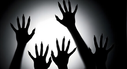 Silhouette of creepy hands with long nails reaching out in the dark, creating a spooky and eerie atmosphere for halloween or horror themes