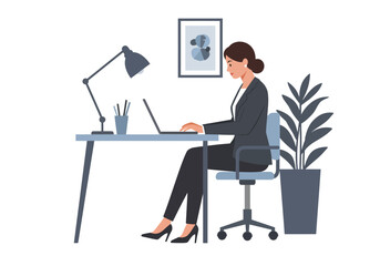 Woman in a suit sits at a desk using a laptop in a welllit office setting