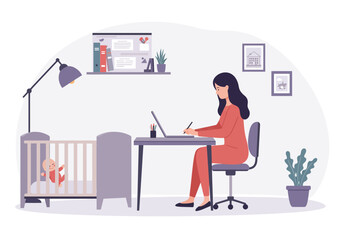 Woman works at a desk near a baby in a crib in an office