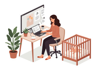 A woman works at a desk beside a crib with a baby inside in a home office setup