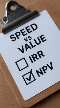 Speed value money time TVM decision checklist clipboard comparing investment metrics with NPV checked and IRR option for finance paperwork