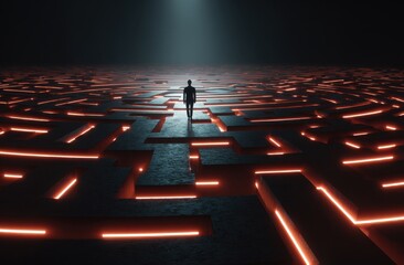 Silhouette of a Person Walking Through a Futuristic Maze with Neon Lights