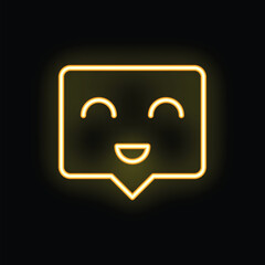 Bright yellow neon sign in the shape of a speech bubble is glowing on a black background