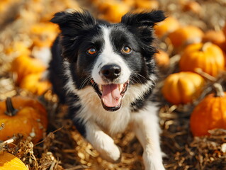 Happy border collie runs through a pumpkin patch on a sunny autumn day