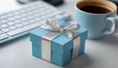 Small Blue Gift Box with Silver Ribbon Next to Coffee Mug and Keyboard