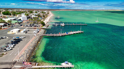 Aerial view of Denham town in Western Australia with coastline and turquoise waters on sunny day © jovannig