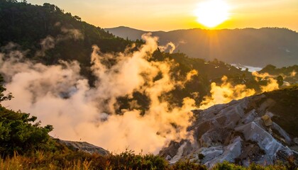Naklejka premium Volcanic sunrise, misty valley