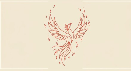Fototapeta premium Phoenix bird flying with flames in simple red line art illustration