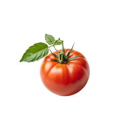 Single Fresh Red Tomato with Green Vine and Basil Leaves on a transparent background PNG   