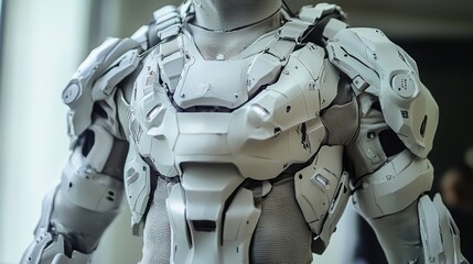 Close-up of a Futuristic White and Light Grey Robotic Exoskeleton Armor Suit with Detailed Panels and Glowing Accents
