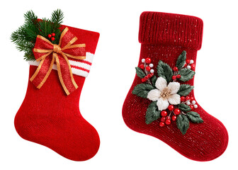 One Christmas stocking with bow and pine needles, another one with embroidered flower and berry decoration on transparent background