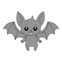 Cute smiling grey cartoon bat character.