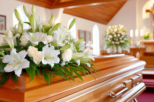 Elegant funeral service arrangement with white flower bouquet in a peaceful chapel setting - Powered by Adobe