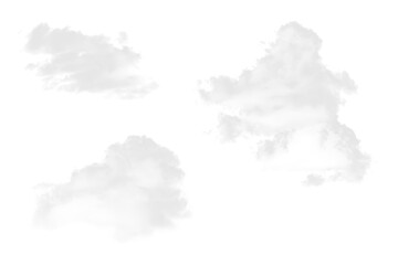 Three Puffy White Clouds PNG, Group of Cumulus Clouds on Transparent Background. Realistic isolated cloud elements for design, weather graphics, and sky compositions, fluffy clouds.
