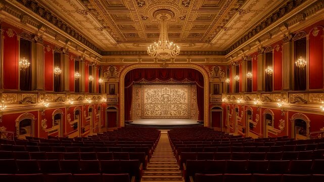 Grand Theater Stage Curtains Chandelier Seats Red Interior Hall
