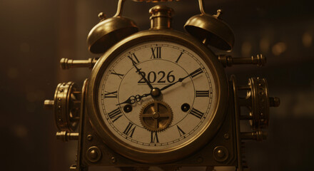 Historic golden gears turn as the year 2026 appears in an old clock face