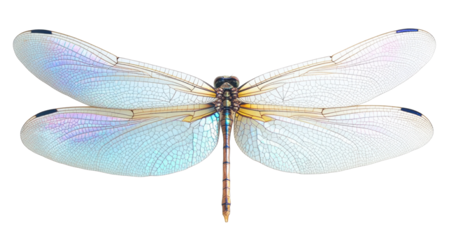 A dragonfly with iridescent wings on a black background on transparent background